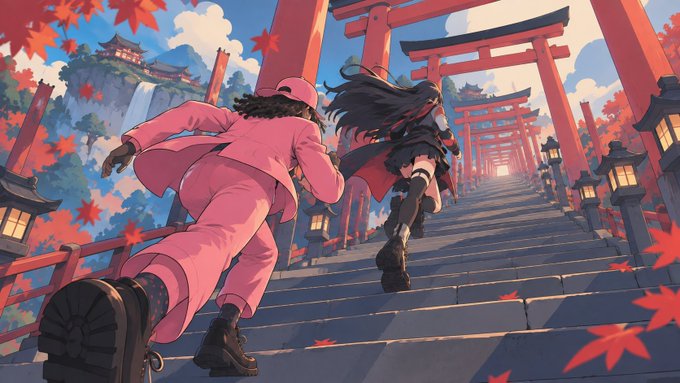 An anime-style illustration shows two girls running up stone stairs lined with red torii gates, surrounded by falling autumn leaves.