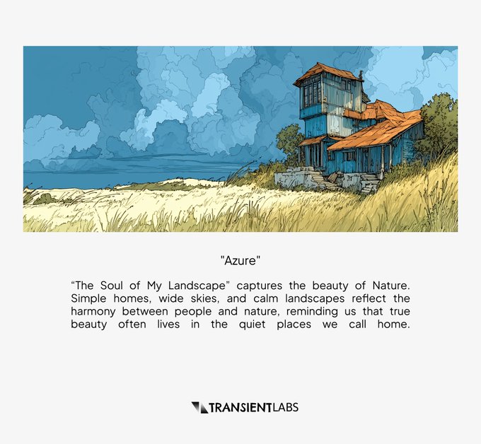 Illustration titled 'Azure' from Transient Labs depicting a coastal house with an orange roof against dramatic clouds, accompanied by text about 'The Soul of My Landscape' and the harmony between people and nature.