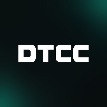 A logo graphic featuring the letters 'DTCC' in bold white text against a dark teal and black gradient background.