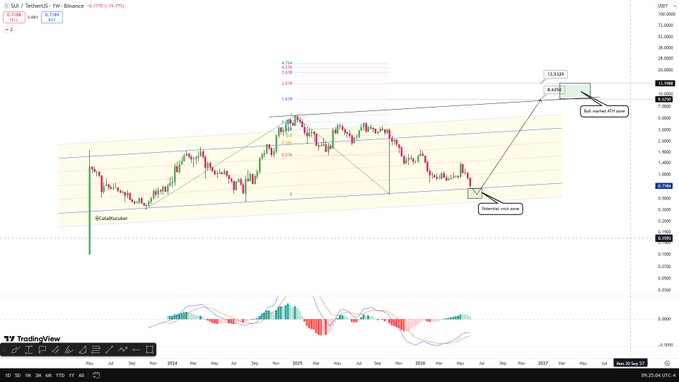 The image displays a price chart that shows various levels of SUI bouncing from different zones at a major support area, as indicated by its green box color. The chart also features a red line indicating a potential accumulation area where the SUI could be sustained or built upon if it holds true. Further details about the chart are available in the accompanying post, which states that $0.55 is a key area to watch if this level indeed becomes meaningful and continues to support SUI accumulation. In summary, based on the image's content, SUI seems to bounce from a major support zone towards an accumulation area where it might hold significant value.
