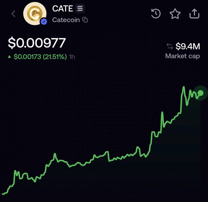 The image shows a price chart for Catecoin ($CATE) at $0.000977, up 21.51% ($0.00173) in the last hour, with a $9.4M market cap, displayed on what appears to be a DEX tracking platform. The chart depicts a strong upward green trend, visually reinforcing the post's bullish conviction and community-driven "Billion $$ vibes" sentiment toward getting $CATE listed on Binance.
