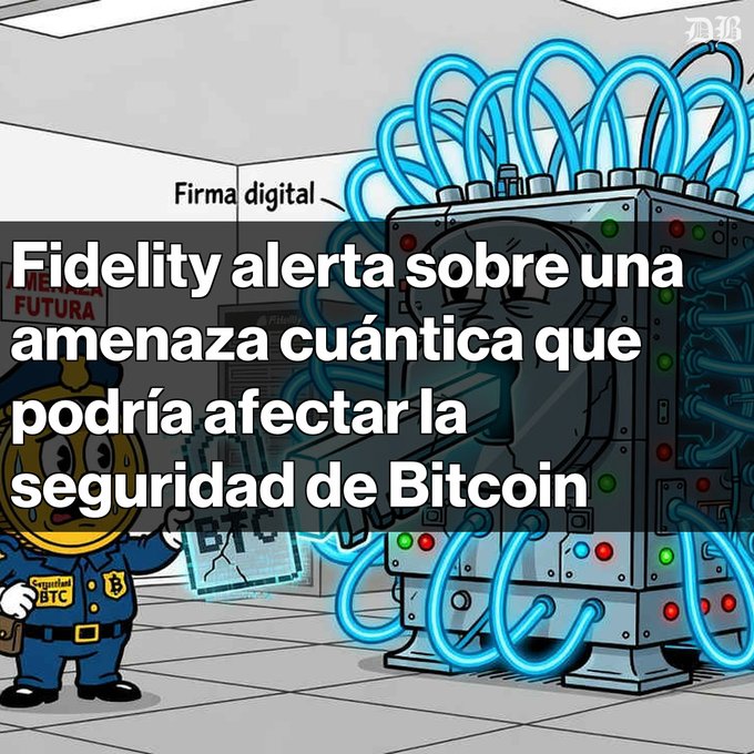 A cartoon graphic featuring a Bitcoin character next to a quantum computer labeled 'Firma digital', with text reading 'Fidelity alerta sobre una amenaza cuántica que podría afectar la seguridad de Bitcoin'.