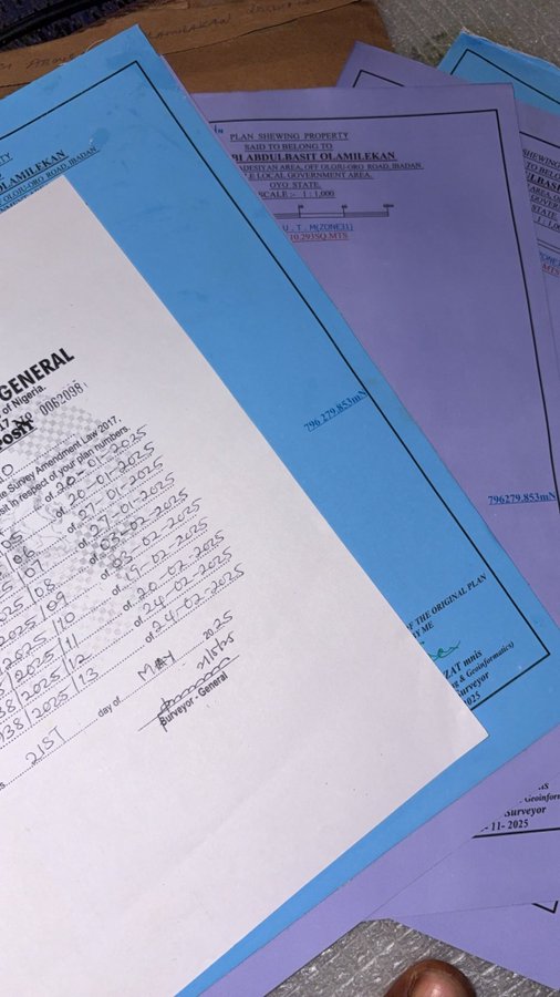 A stack of printed survey forms and survey plans in Nigeria, with one survey document from 'Olamilelkan' showing multiple entries dated '24/02/2025' signed by the Surveyor General, on top of a purple survey plan document.