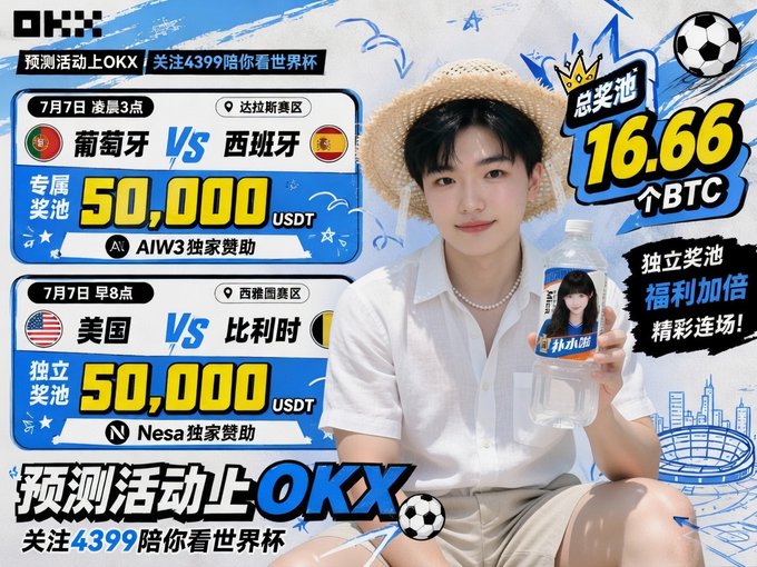 A Chinese promotional banner from OKX advertising World Cup prediction events with prizes of 16.66 BTC and 50,000 USDT, featuring a young person holding a water bottle.