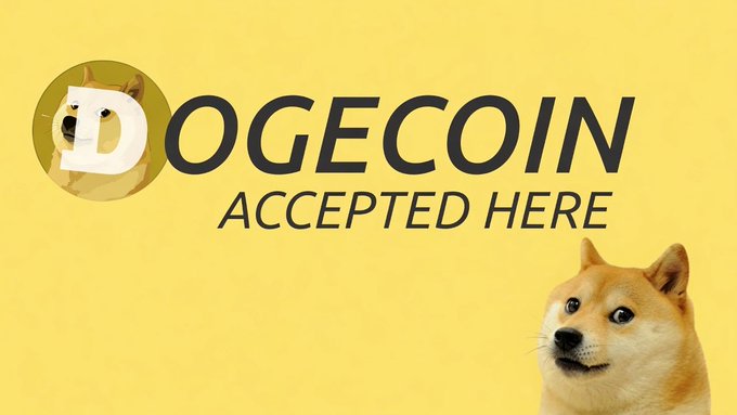 The image features a brown dog with its head tilted upwards, looking at the camera. The background of the image is yellow, which contrasts nicely with the dog's fur color. Below the dog, there is text that reads "DOGEcoin accepted here". This suggests that the image might be promoting or advertising the acceptance of DOGE coins in a specific location.