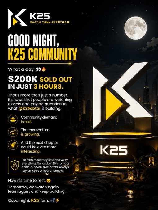 A nighttime promotional post for "K25" featuring a large illuminated K-shaped monument under a full moon, announcing "GOOD NIGHT, K25 COMMUNITY" and highlighting "$200K SOLD OUT IN JUST 3 HOURS" along with community growth messages and a warning about unofficial offers.