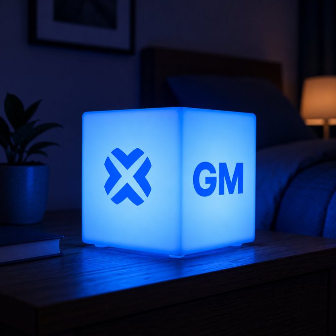 A glowing blue cube lamp sits on a wooden nightstand in a dim bedroom, displaying an 'X' logo on one face and 'GM' text on another.