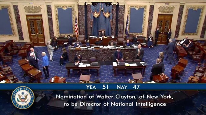 The image shows the U.S. Senate chamber during a vote, with on-screen text indicating "YEA 51 NAY 47" for the "Nomination of Walter Clayton, of New York, to be Director of National Intelligence," relating to the post's commentary about corruption and unethical behavior.