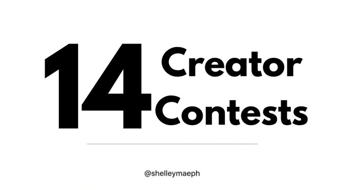 A simple black text graphic on a white background reading '14 Creator Contests' with the handle '@shelleymaeph' below a horizontal line.