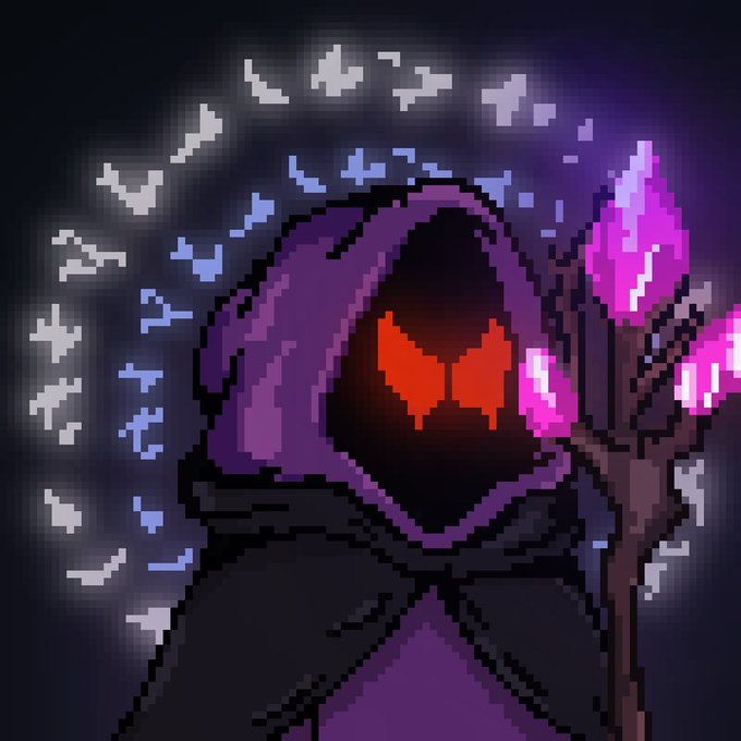 Pixel art of a dark hooded figure with glowing red butterfly-shaped eyes, holding a staff topped with pink flames, surrounded by floating white letters spelling 'DEUS VULT'.