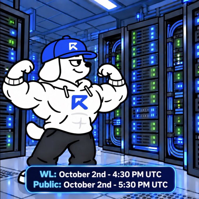 A muscular cartoon dog mascot wearing a blue "R" cap and hoodie flexes inside a server room with rows of blue-lit racks, displaying "WL: October 2nd - 4:30 PM UTC" and "Public: October 2nd - 5:30 PM UTC." The image visually reinforces the post's message about server overload from the $RUNNER launch, with the flexing mascot symbolizing the strength of the contract that held despite 185,000+ transactions, while the server room backdrop represents the infrastructure that buckled under the demand.