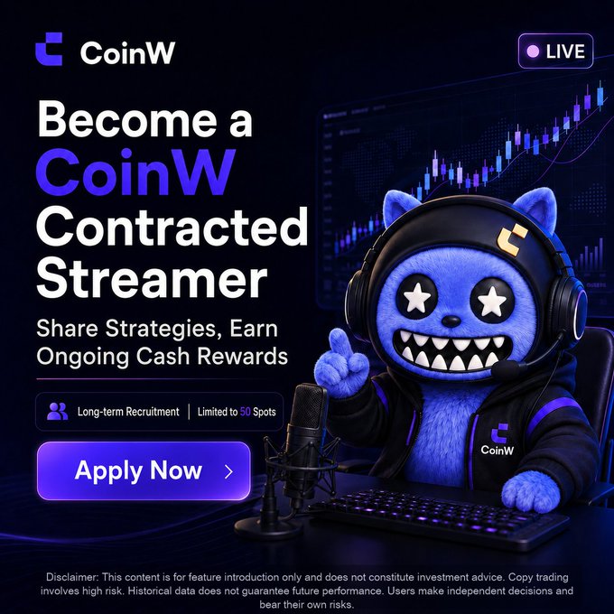 Promotional graphic for CoinW's Streamer Program featuring a blue masked mascot with star eyes at a streaming setup, with "Become a CoinW Contracted Streamer" headline, "Apply Now" button, and a "LIVE" badge, directly matching the post's call to action for crypto streamers to apply via the program.