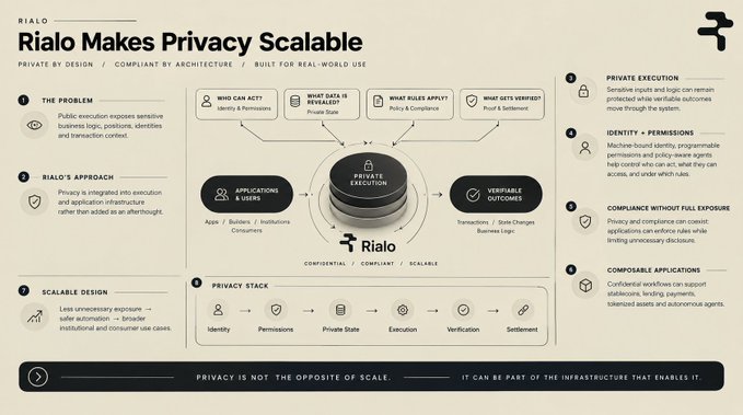Infographic titled 'Rialo Makes Privacy Scalable' with sections on The Problem, Rialo's Approach, Scalable Design, Private Execution, and Privacy Stack components (Identity, Permissions, Private State, Execution, Verification, Settlement).
