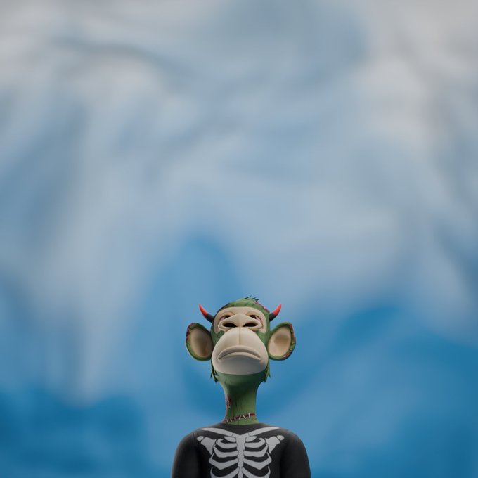 A 3D rendered character with a green monkey face wearing small red horns and a black skeleton-patterned shirt against a cloudy blue sky background.