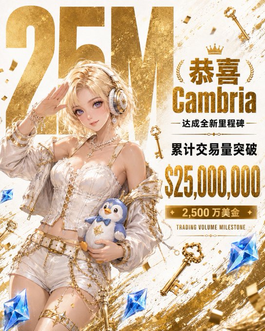 A celebratory promotional image for Cambria (@playcambria) features a stylish blonde anime-style character with headphones holding a small penguin plushie, set against a golden background displaying "25M" and "Cambria" branding. The image announces the milestone that trading volume has surpassed $25,000,000 (2,500万美金), aligning with the post congratulating Cambria on achieving this significant trading volume achievement.
