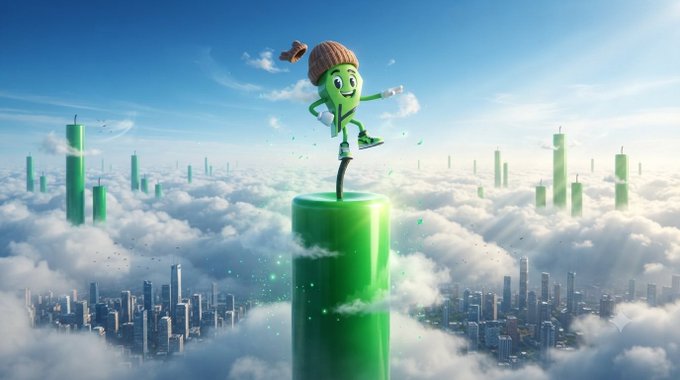 A 3D illustration of a green character with a chestnut-like head dancing on top of a green pillar above the clouds, surrounded by other floating green pillars resembling a stylized candlestick chart.