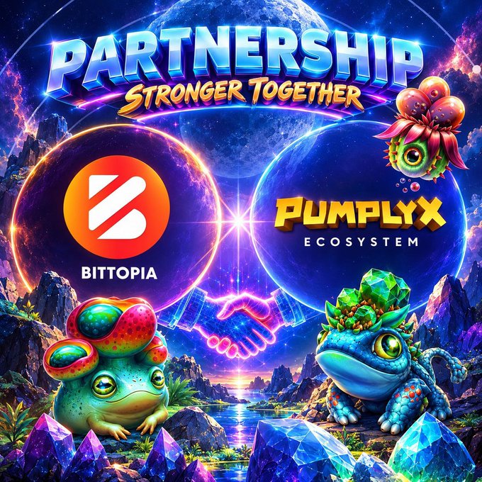 A cosmic-themed partnership announcement banner featuring the text "PARTNERSHIP - STRONGER TOGETHER" alongside the Bittopia and Pumplyx Ecosystem logos, with two cartoon frogs shaking hands against a starry space backdrop to symbolize the collaboration between the two Web3 platforms.