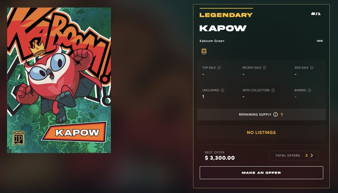 A Legendary NFT marketplace listing for 'KAPOW' (Kaboom Green), priced at $3,300.00 with 1 unclaimed out of 1 supply.