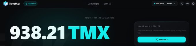 A screenshot from the TermMax website showing a TMX allocation of 938.21 TMX with a 'Share on X' button.