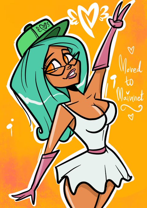 A vibrant cartoon illustration of a green-haired woman wearing a green cap, white dress, and pink gloves, striking a pose with 'Moved to Mainnet' text and heart symbols on an orange background.