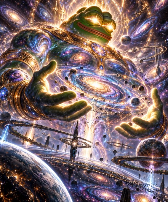 A vibrant cosmic artwork depicting a large green frog-like deity with golden armor holding swirling galaxies and planets in its hands.