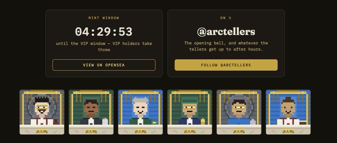 An NFT mint page showing a countdown timer of 04:29:53 until VIP window opens, with @arctellers social handle and pixel art character collectibles.