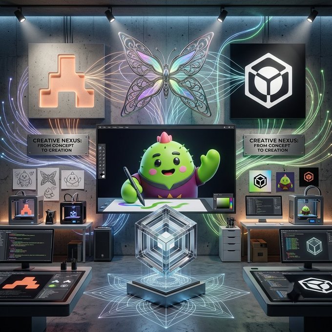 An elaborate AI-generated scene showing a green cartoon character at a drawing tablet with butterfly designs, surrounded by multiple monitors displaying Tetris-like blocks and hex cube logos, with 'CREATIVE NEXUS: FROM CONCEPT TO CREATION' signs.