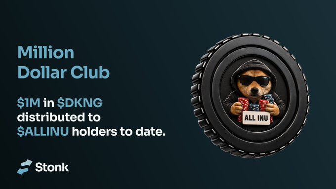 A doge mascot in a hoodie and sunglasses holds casino chips inside a tire-shaped emblem labeled "ALL INU," celebrating the "Million Dollar Club" achievement of distributing $1M in $DKNG to $ALLINU holders, with branding by Stonk.