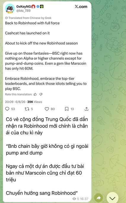 Screenshot of an X (Twitter) post by @btc_789 originally written in Vietnamese, urging followers to switch to the new Robinhood chain and dismiss BSC as only hosting 'pump and dump' coins like Marscoin.