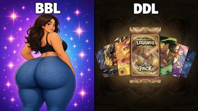 A side-by-side meme comparing 'BBL' (depicting a stylized cartoon woman) and 'DDL' (depicting Doss Legends trading cards), contrasting two internet slang terms.