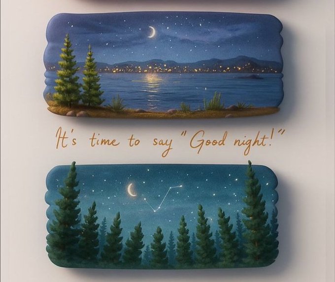 iced cake with two rectangular designs, a mountain range and a city skyline at night, accompanied by the text "It's time to say 'Good night!'"