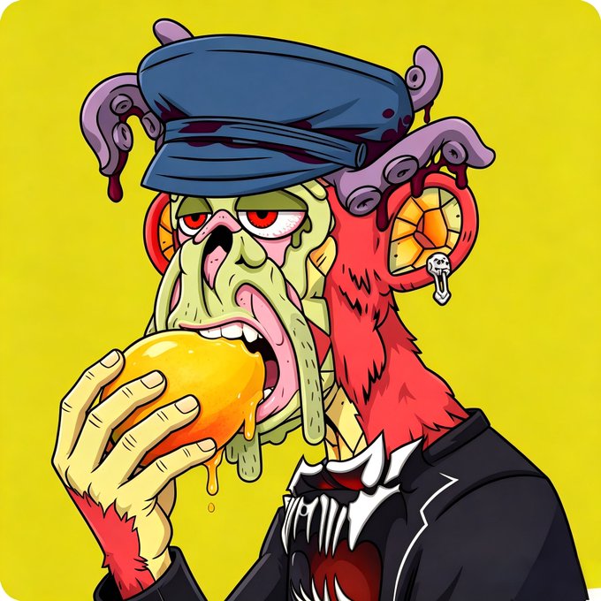 A grimy, zombie-like Bored Ape character with a captain's hat devours a dripping mango against a bright yellow background. The illustration playfully accompanies the post guessing game about what the monkey will eat next, fittingly depicted currently munching on the fruit.