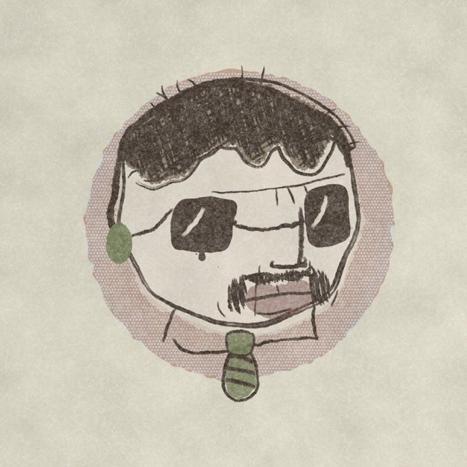 A simple, childlike pencil drawing of a man's face with dark hair, a mustache, and a green tie, set against a textured beige background.