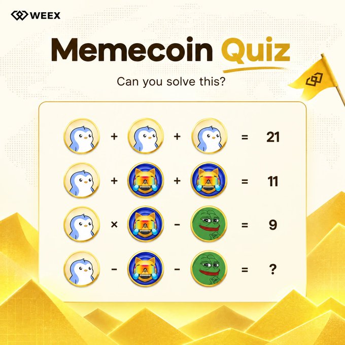 A WEEX "Memecoin Quiz" graphic featuring a math puzzle where a penguin equals 7, a crying dog equals 2, and a Pepe frog equals 5, challenging viewers to solve a final equation equaling "?".