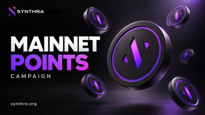 A promotional banner for 'SYNTHRA' announcing a 'MAINNET POINTS CAMPAIGN' at synthra.org, featuring 3D purple and black coin-like tokens with geometric logos against a dark background.