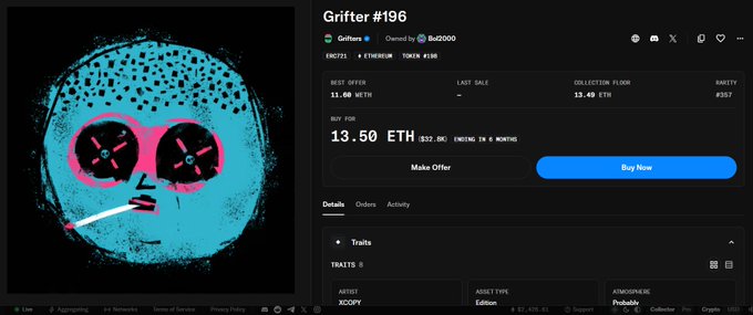 A screenshot of an NFT marketplace listing for 'Grifter #196' priced at 13.50 ETH, featuring a stylized blue skull with X eyes and pink markings.