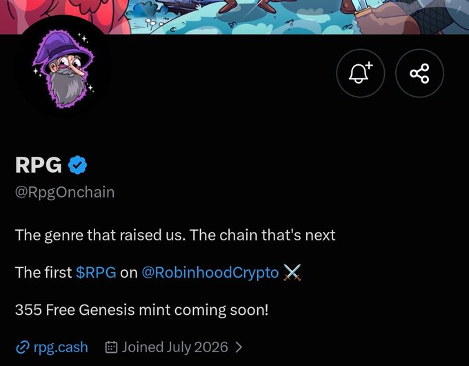 A Twitter/X profile for RPG (@RpgOnchain), a verified account with a wizard avatar, describing itself as 'The genre that raised us. The chain that's next' and announcing the first $RPG on @RobinhoodCrypto with 355 Free Genesis mints coming soon, joined July 2026, linked to rpg.cash.