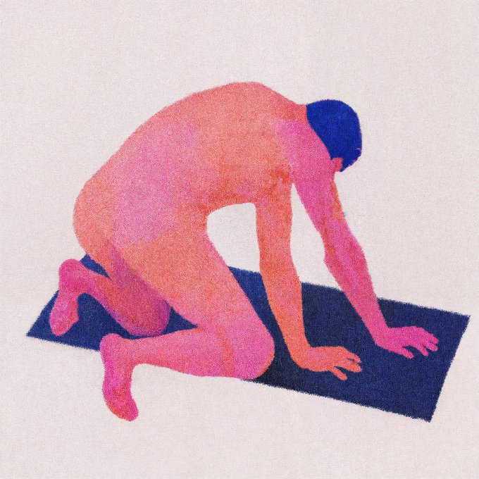 This image is a figurative mesh painting depicting a stylized figure with a blue head and pink-orange body kneeling on a dark blue mat.