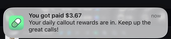 An iPhone notification from a green pill-shaped app icon reads "You got paid $3.67 — Your daily callout rewards are in. Keep up the great calls!" The image relates to the post by showing the small daily payout, suggesting that the platform (likely @pumpfun) is paying modest rewards to users, supporting the post's claim that "the little guys might actually have a chance to make it out."