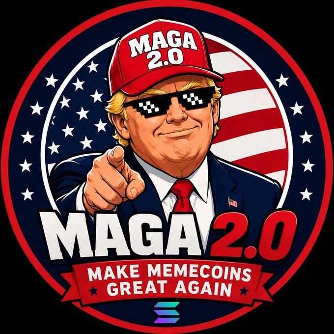 A cartoon-style circular emblem features a blonde man in a red "MAGA 2.0" cap and pixelated sunglasses pointing at the viewer, with an American flag backdrop and bold text reading "MAGA 2.0 – MAKE MEMECOINS GREAT AGAIN," promoting the new PUMP.FUN meme coin referenced in the post.