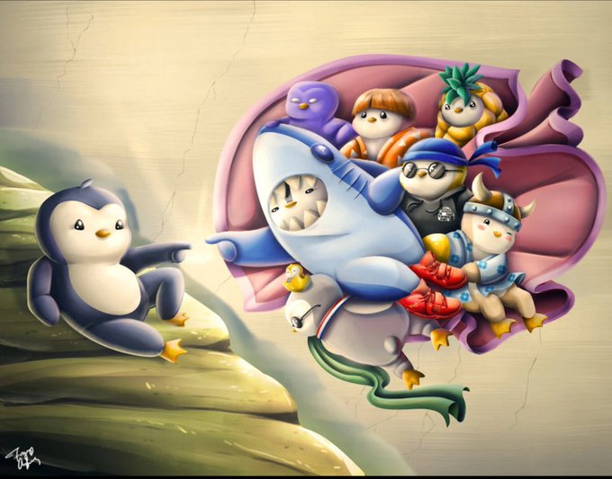 A colorful, whimsical illustration showing cartoon penguins in various outfits, including one in a shark costume and another in a viking helmet, emerging from a large seashell and pointing at a penguin sitting on a rock.
