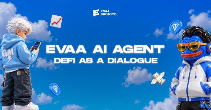The EVAA Protocol is launching their EVAA AI Agent, described as "DEFI AS A DIALOGUE," integrating AI directly into the EVAA app to interact with connected wallets for real-time DeFi insights. The image visually represents this with cartoonish figures and cryptocurrency-themed graphics against a bright blue sky.