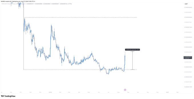 A TradingView chart of Pepe (PEPE) against the US Dollar on USDT shows a long-term downtrend from late 2023 through mid-2025, followed by a sharp vertical breakout in late August 2025, annotated as "PEPE.BREAKOUT" — illustrating a strong bullish reversal after a prolonged accumulation phase.