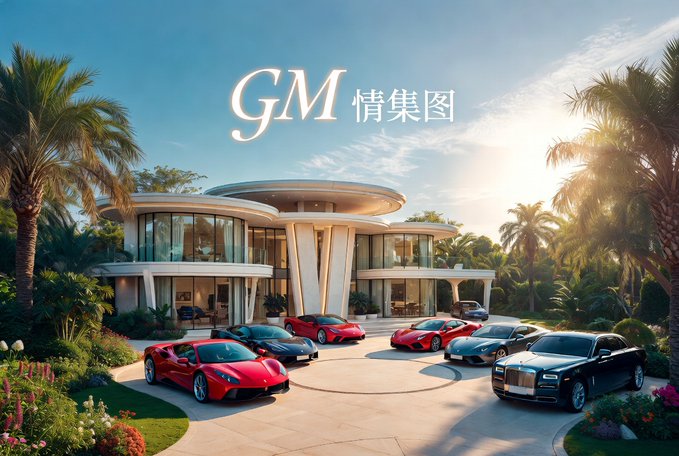 A luxurious modern mansion is showcased with a collection of high-end sports cars and luxury vehicles parked in its circular driveway, surrounded by palm trees and tropical landscaping. The image features the text "GM 情集图" overlaid on the sky, complementing the post's "GM CT Love y'all" message by visually emphasizing the GM (likely luxury car brand) lifestyle aesthetic.
