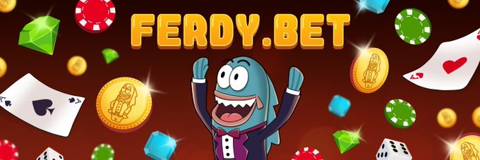 A promotional banner for "FERDY.BET" featuring a cartoon shark mascot wearing a tuxedo, surrounded by floating casino chips, dice, and playing cards.