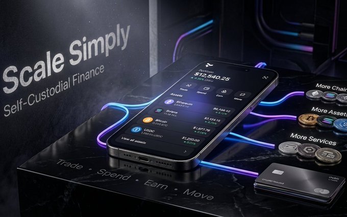 A promotional image for a 'Scale Simply Self-Custodial Finance' app displayed on a smartphone showing a $12,540.25 balance, with a crypto hardware wallet and physical cryptocurrency coins on the side.