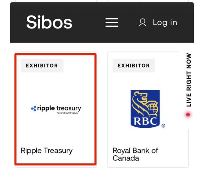 A screenshot of the Sibos exhibitor page highlighting 'Ripple Treasury' (powered by Ondo Treasury) with a red box, shown next to the Royal Bank of Canada (RBC) exhibitor listing.