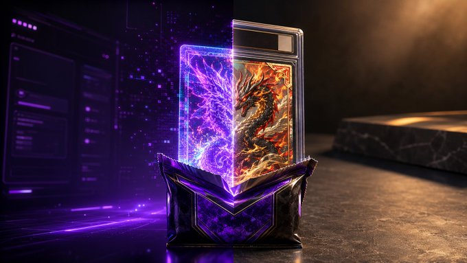 A fantasy-style trading card featuring a dragon is encased in a glowing purple crystalline display case on a dark surface.
