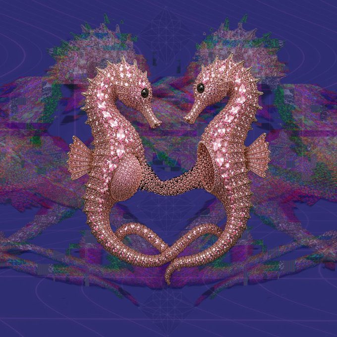 Two intertwined, jewel-encrusted rose-gold seahorses face each other against a purple background with mirrored, glitch-like reflections, illustrating the NFT artwork "The Transfer of Life" by OE, minted on the Tezos blockchain for 3.69 XTZ.