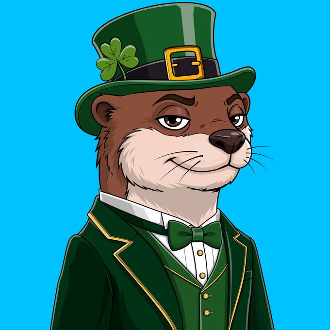 An illustrated anthropomorphic otter dressed as a leprechaun, wearing a green top hat with a shamrock and gold buckle, a green suit, white shirt, and green bow tie on a cyan background.